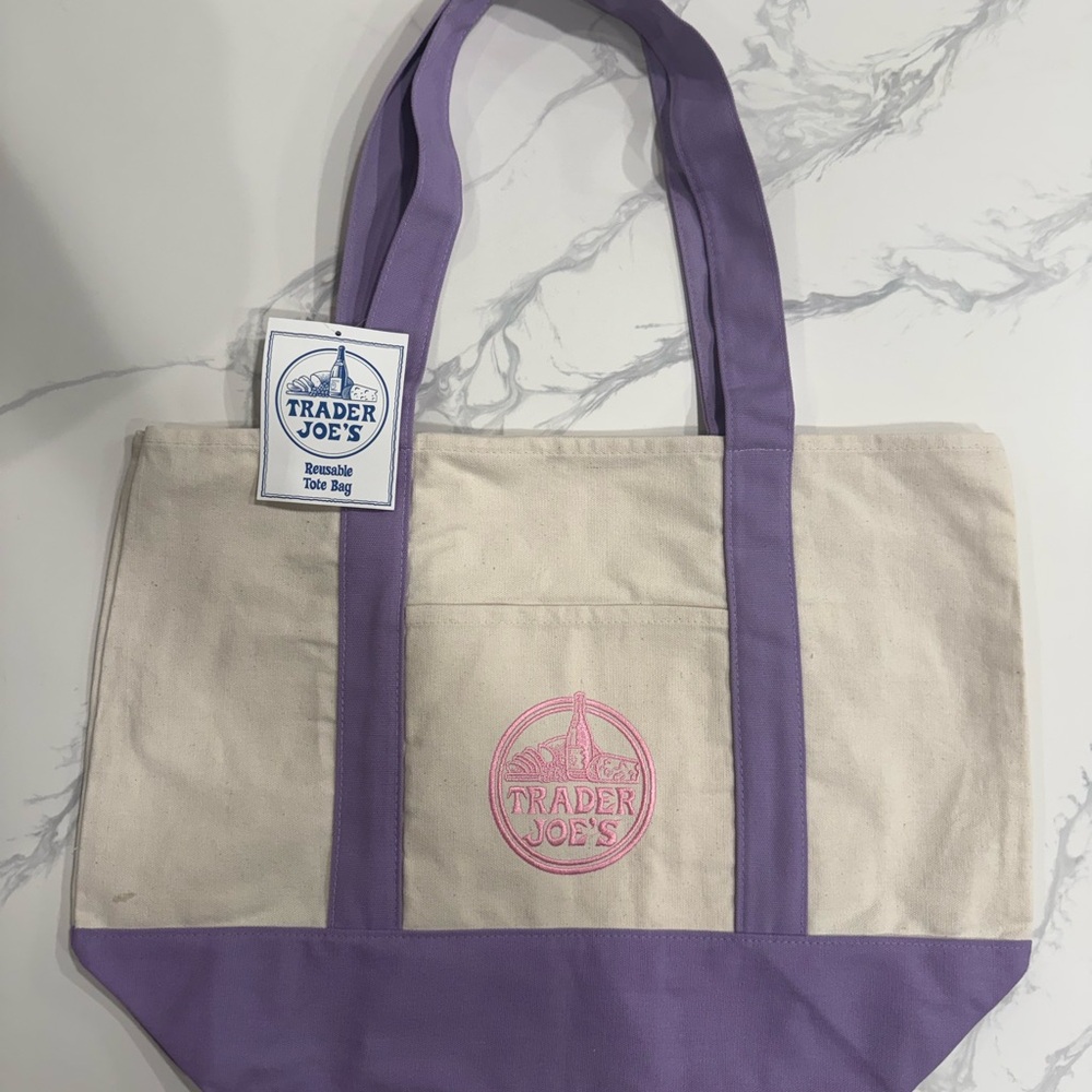 Large Trader Joe's Cream Canvas Tote with LavenderAccents Pink Logo